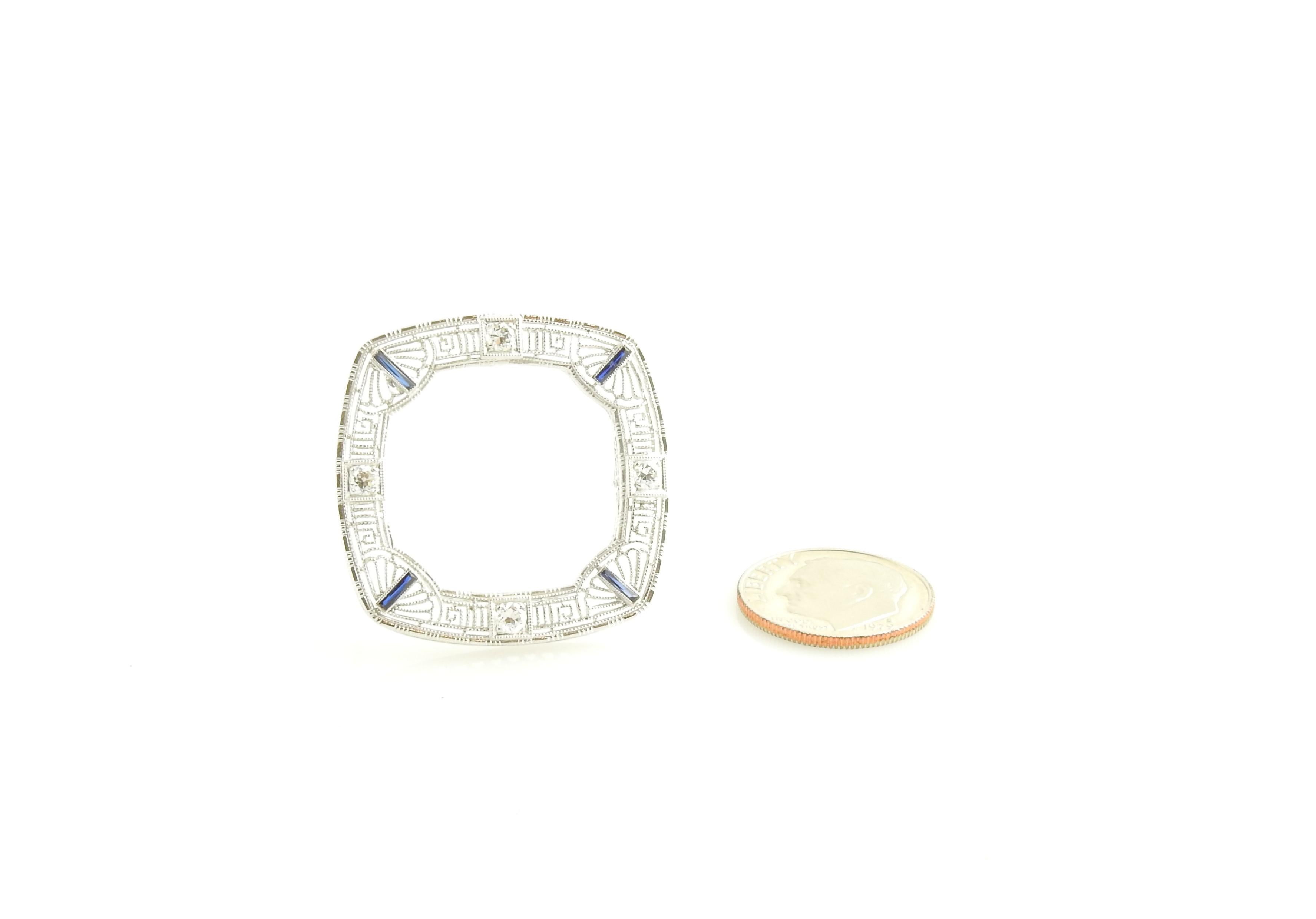 14 Karat White Gold Filigree, Diamond Synthetic Sapphire Brooch / Pin For Sale 1