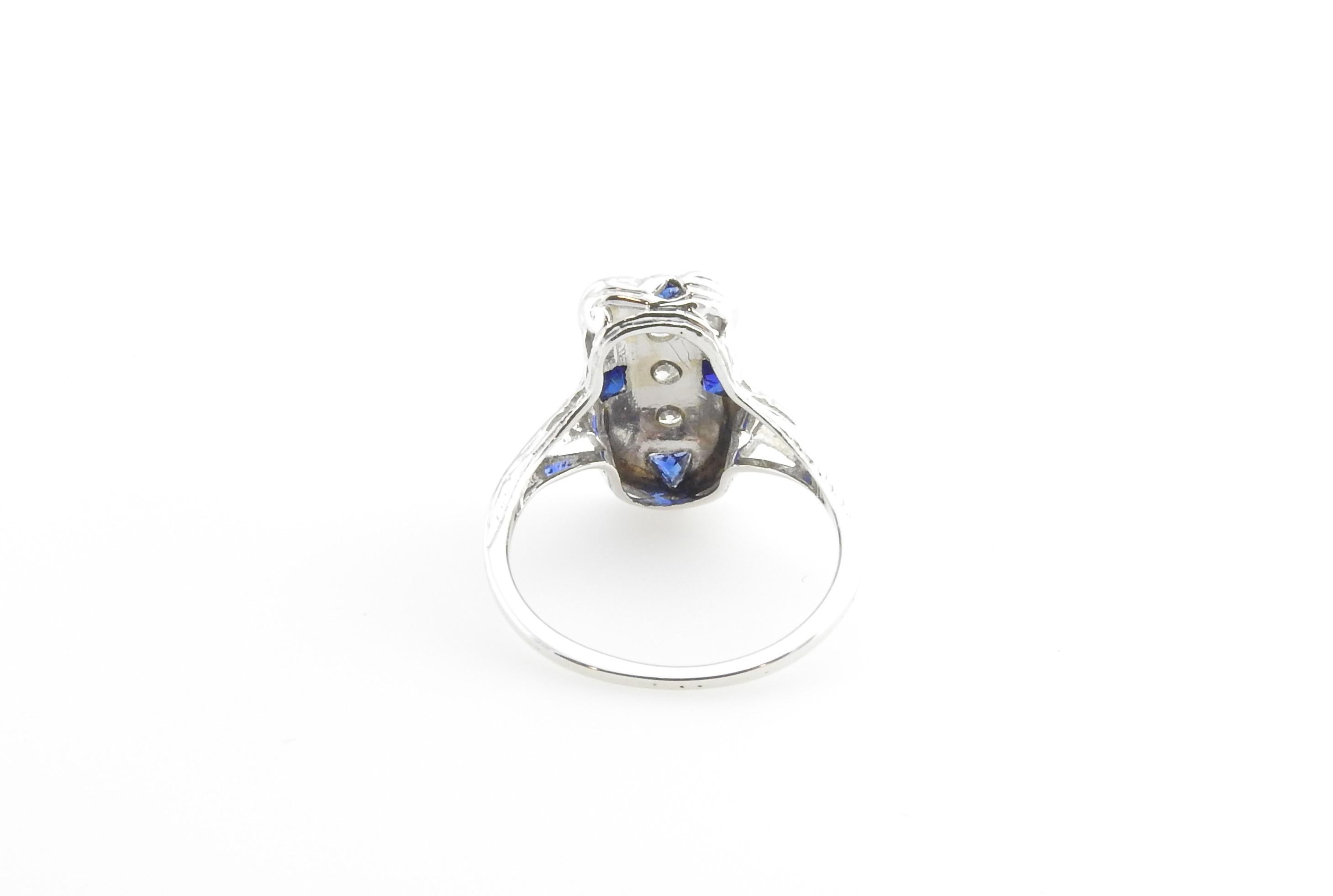 Round Cut 14 Karat White Gold Filigree Diamond and Sapphire Ring