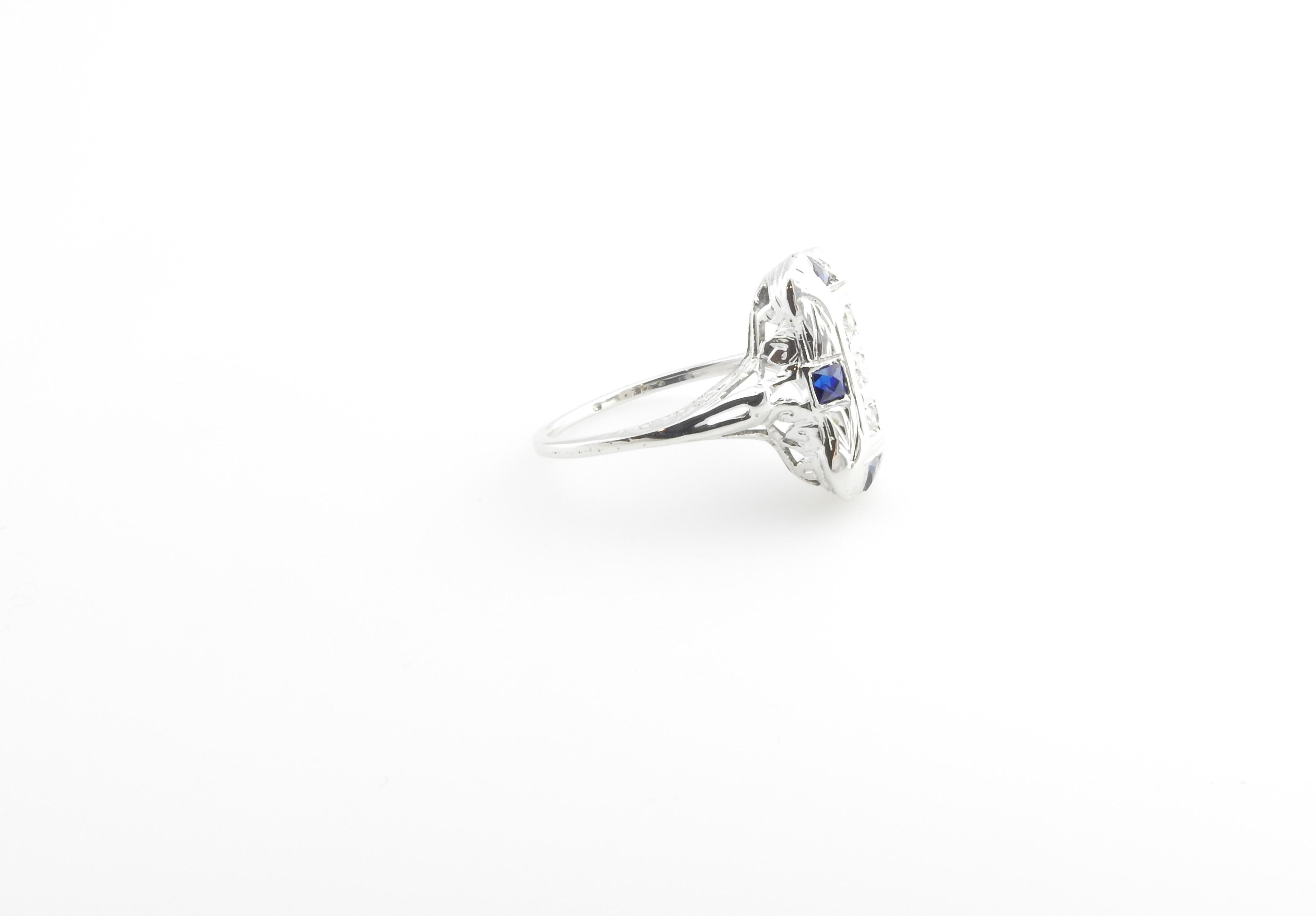 14 Karat White Gold Filigree Diamond and Sapphire Ring In Good Condition In Washington Depot, CT