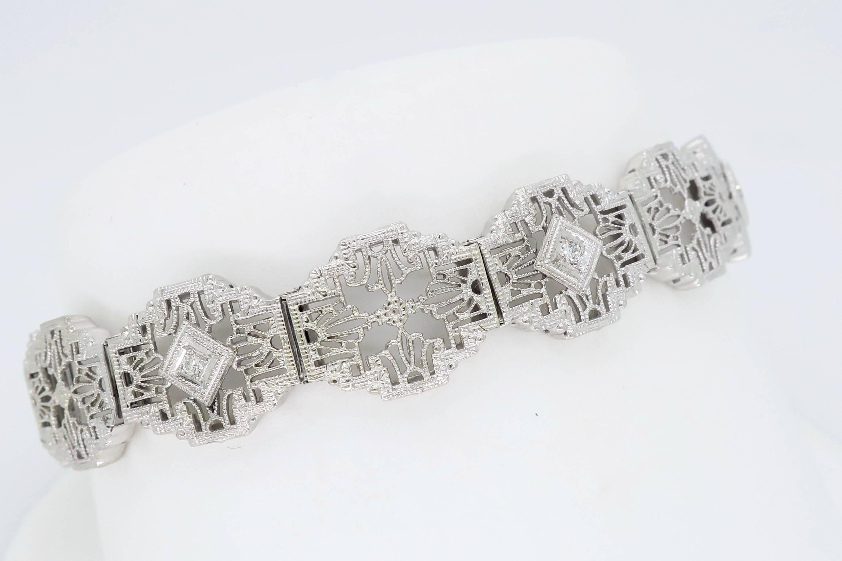 Women's or Men's 14 Karat White Gold Filigree Diamond Bracelet