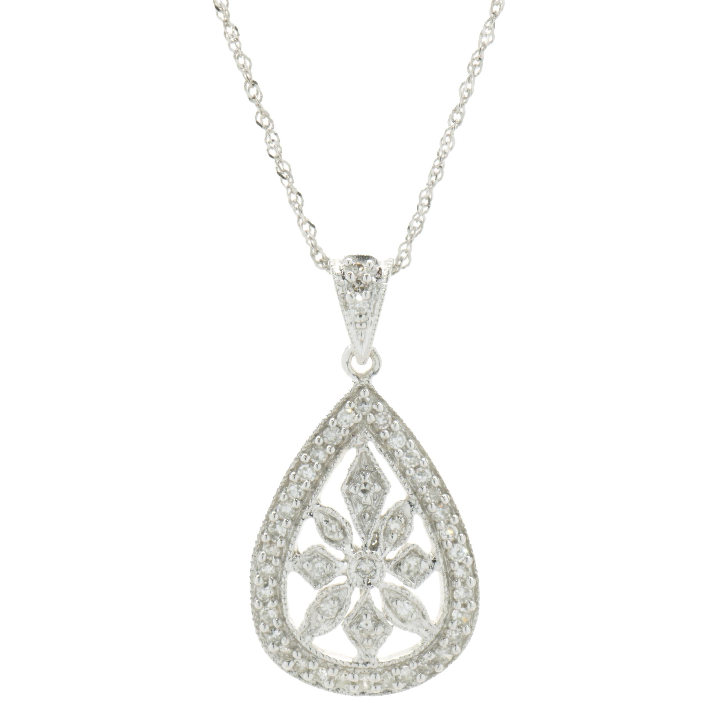 Designer: custom
Material: 14K white gold
Diamonds: 44 round cut = 0.44cttw
Color: H
Clarity: SI1
Dimensions: necklace measures 18-inches in length 
Weight: 2.53 grams