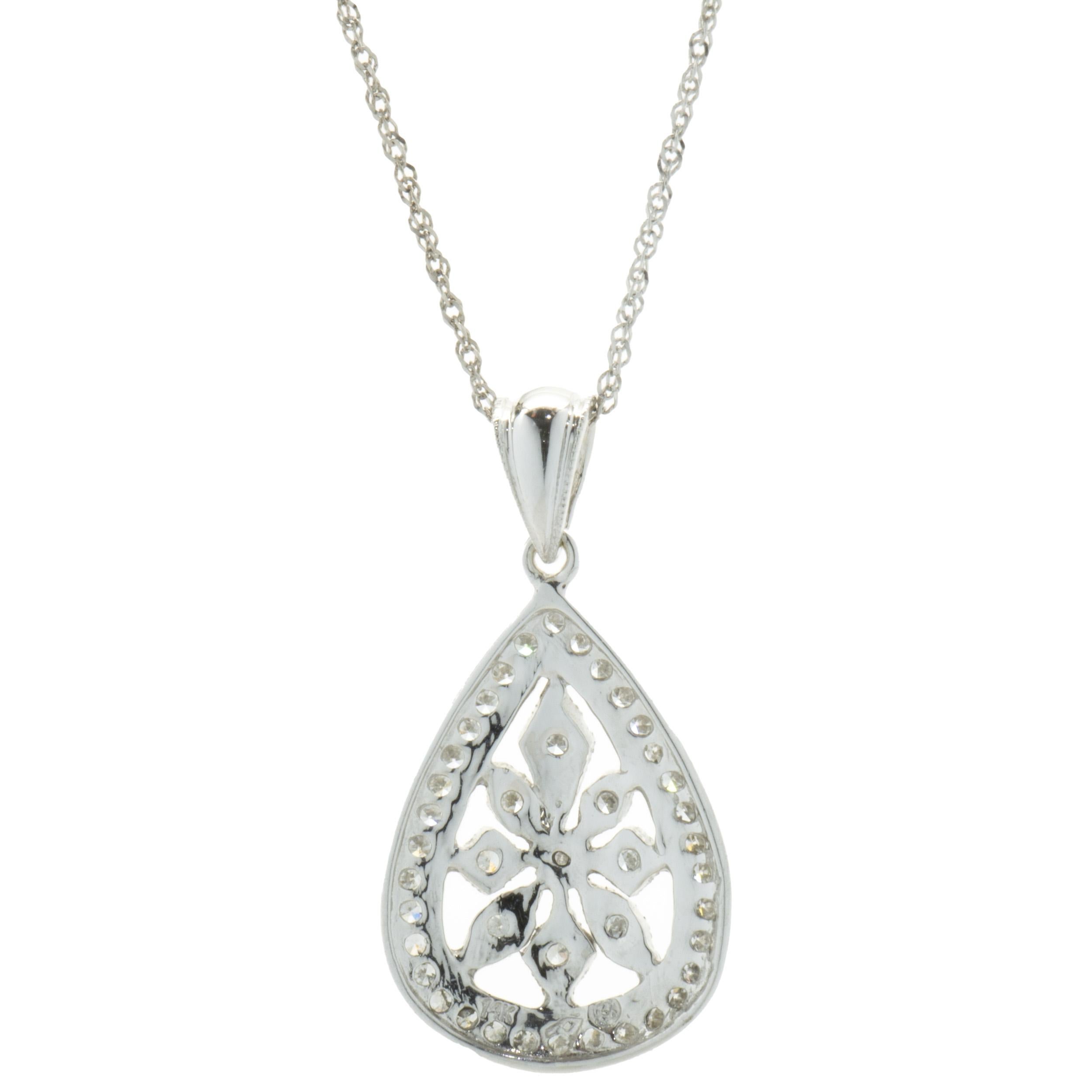 Round Cut 14 Karat White Gold Filigree Diamond Pear Shape Necklace For Sale