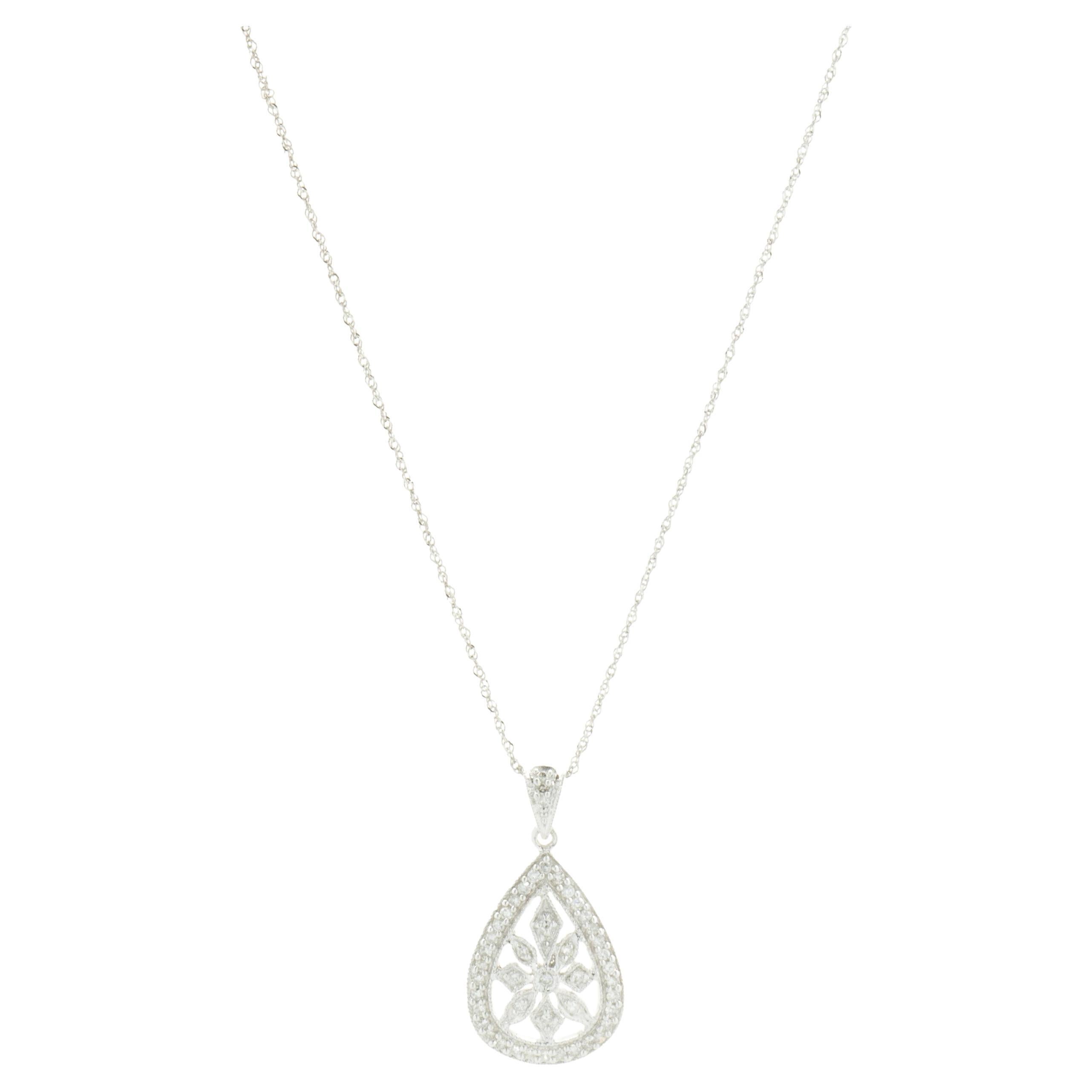 14 Karat White Gold Filigree Diamond Pear Shape Necklace For Sale