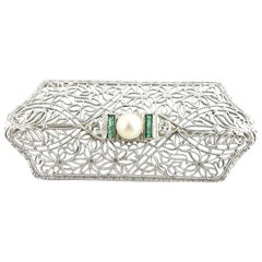 Vintage 14 Karat White Gold Filigree, Diamond, Pearl and Emerald Pin / Brooch