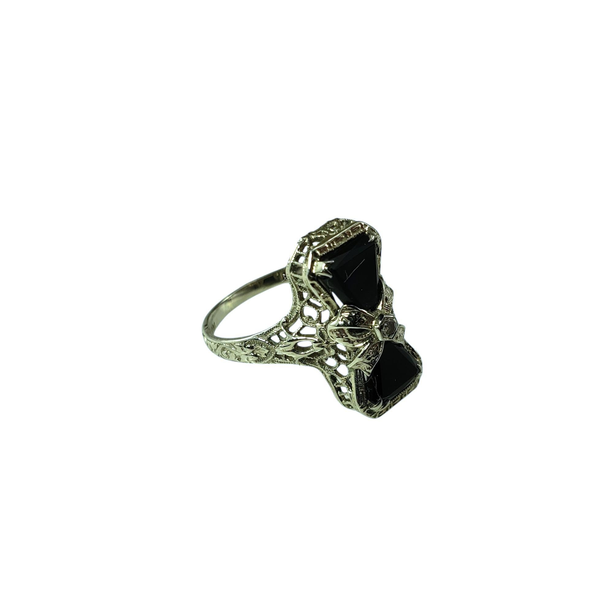 14 Karat White Gold Filigree Onyx and Diamond Ring Size 7.25 # 19550 In Good Condition In Washington Depot, CT