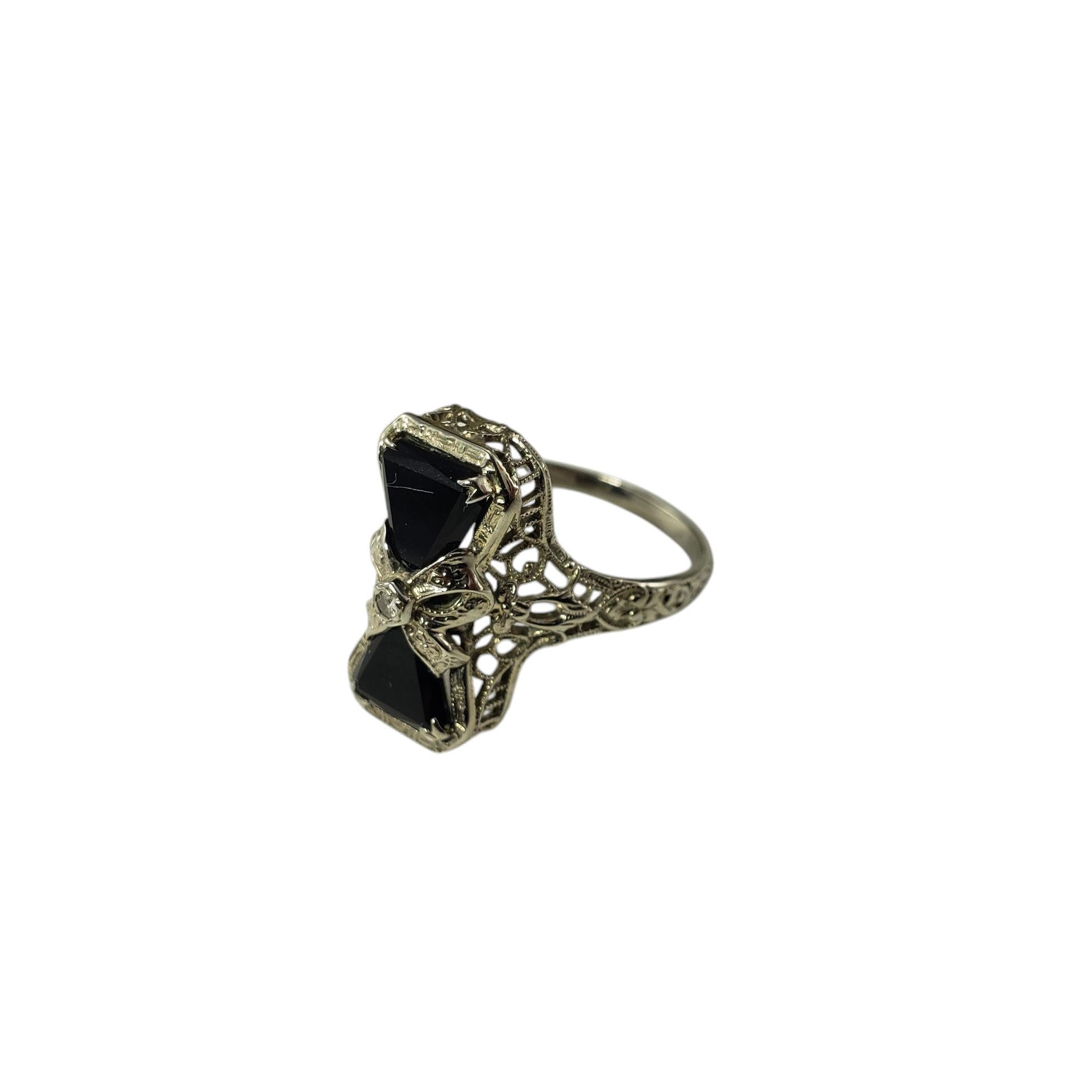 Women's 14 Karat White Gold Filigree Onyx and Diamond Ring Size 7.25 # 19550