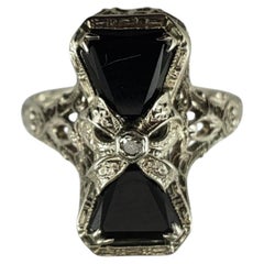 14 Karat White Gold Filigree Onyx and Diamond Ring Size 7.25 # 19550