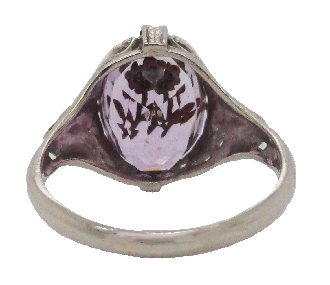 14 Karat White Gold Filigree Rose de France Amethyst Ring with Gold Flower Inlay 4