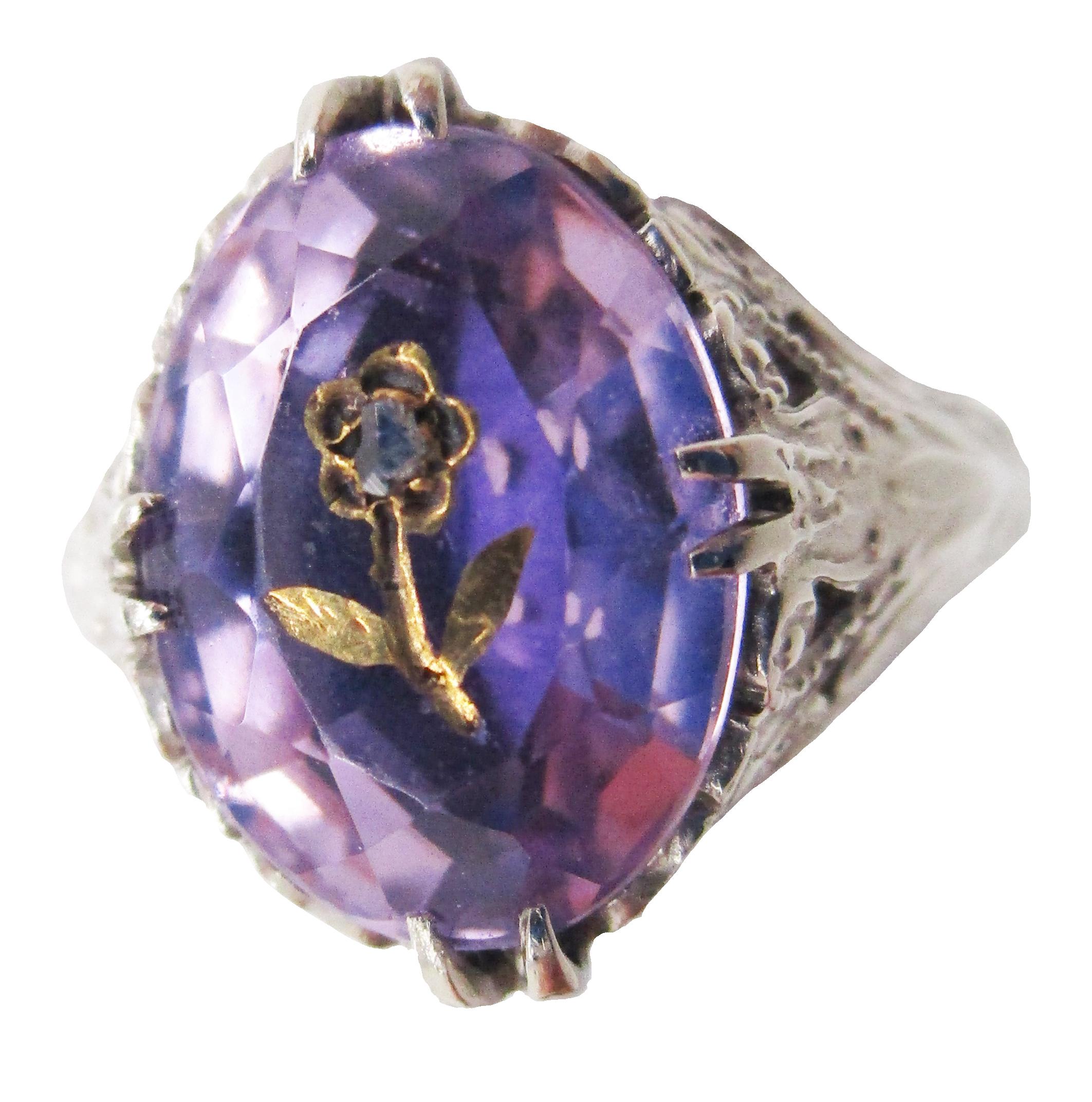 Oval Cut 14 Karat White Gold Filigree Rose de France Amethyst Ring with Gold Flower Inlay