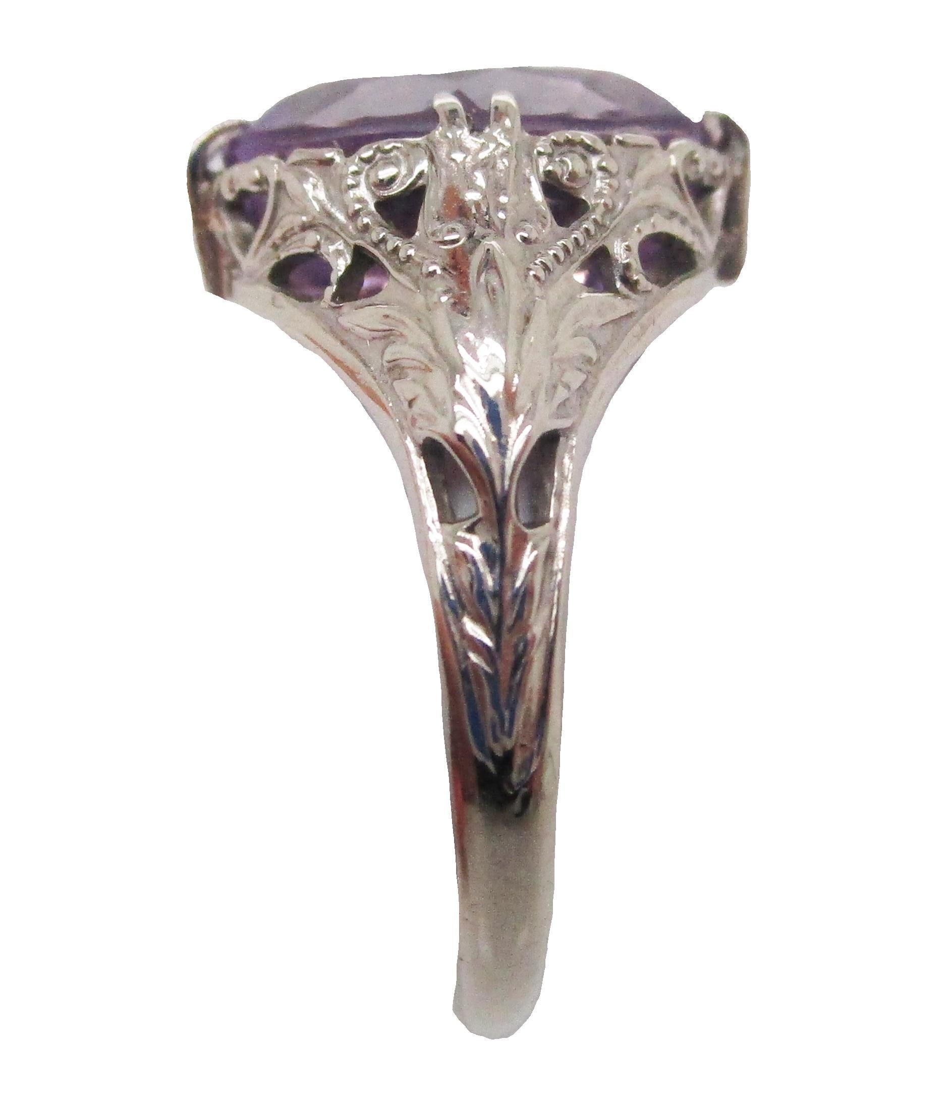 14 Karat White Gold Filigree Rose de France Amethyst Ring with Gold Flower Inlay 2