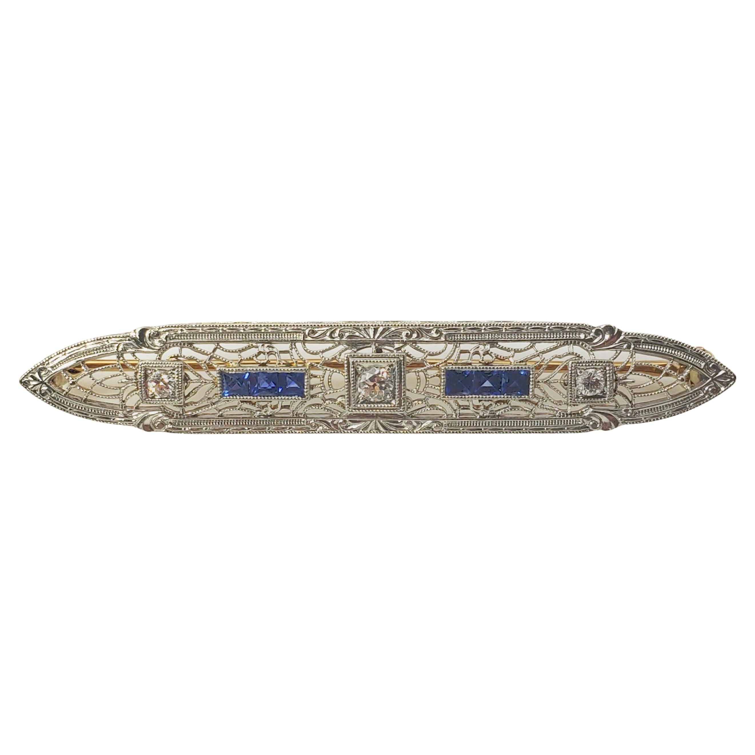 14 Karat White Gold Filigree Synthetic Sapphire and Diamond Bar Pin For Sale