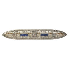 Vintage 14 Karat White Gold Filigree Synthetic Sapphire and Diamond Bar Pin