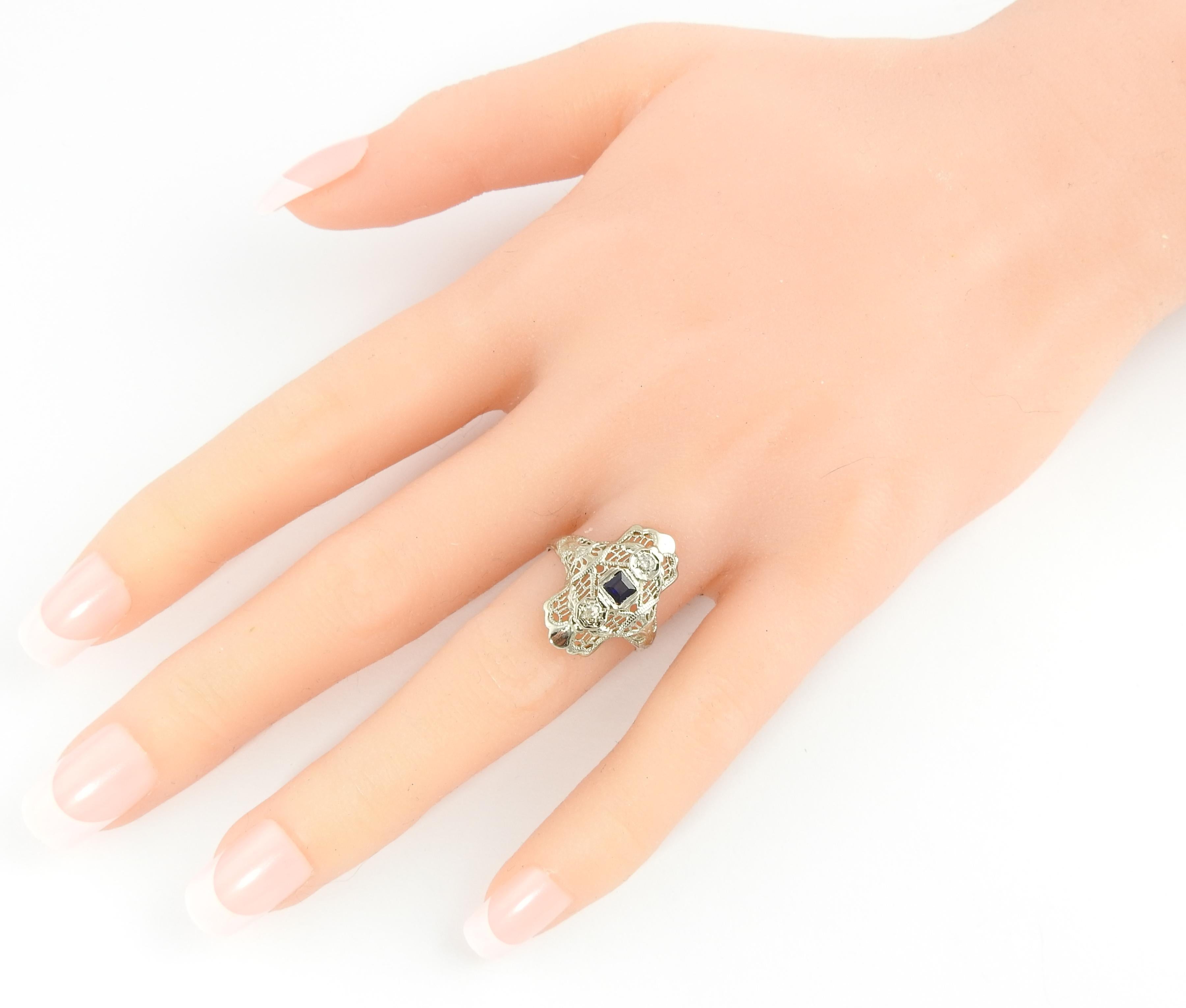 14 Karat White Gold Filigree Sapphire and Diamond Ring 2