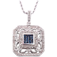 14 Karat White Gold Filigree White and Blue Diamond Pendant