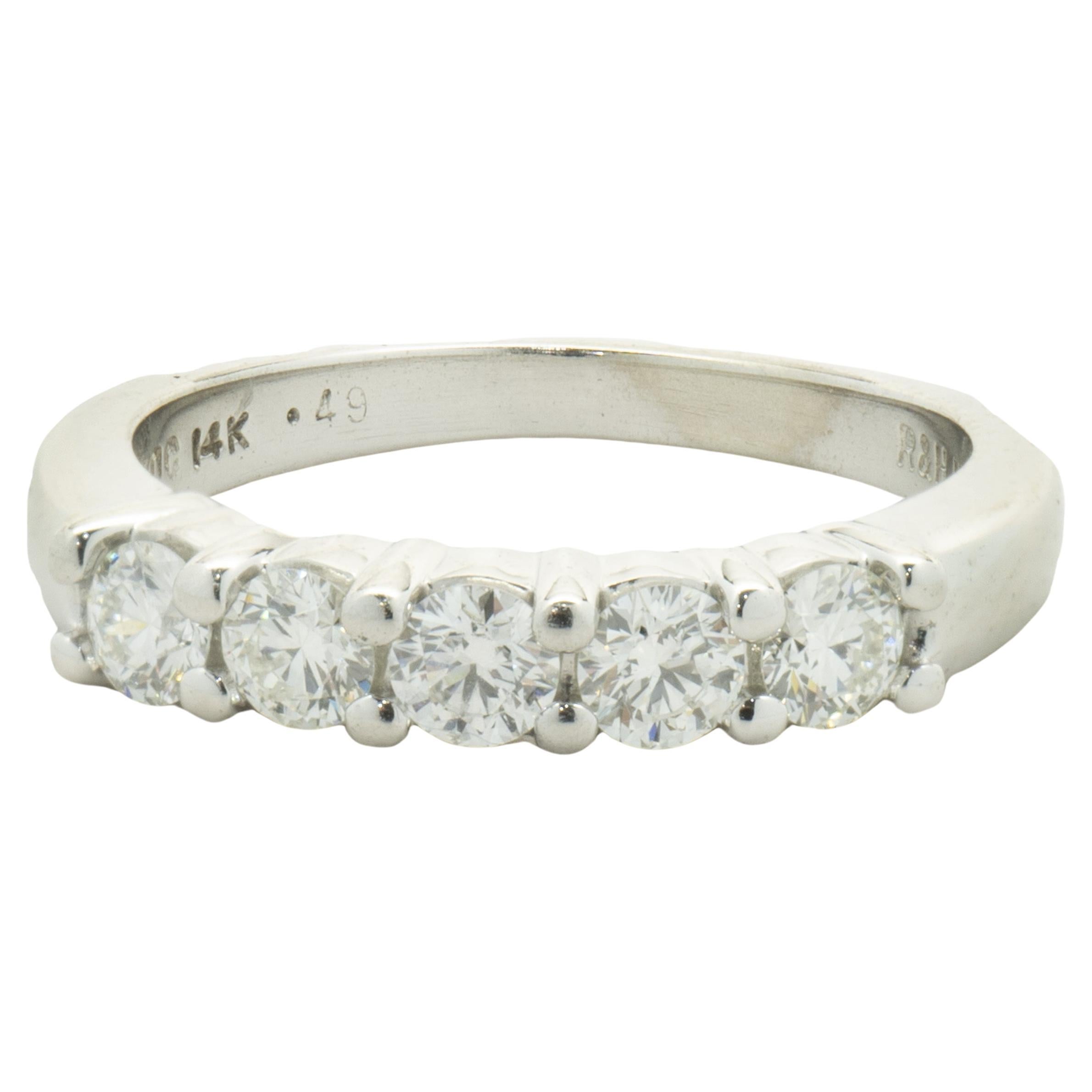 14 Karat White Gold Five Diamond Band For Sale