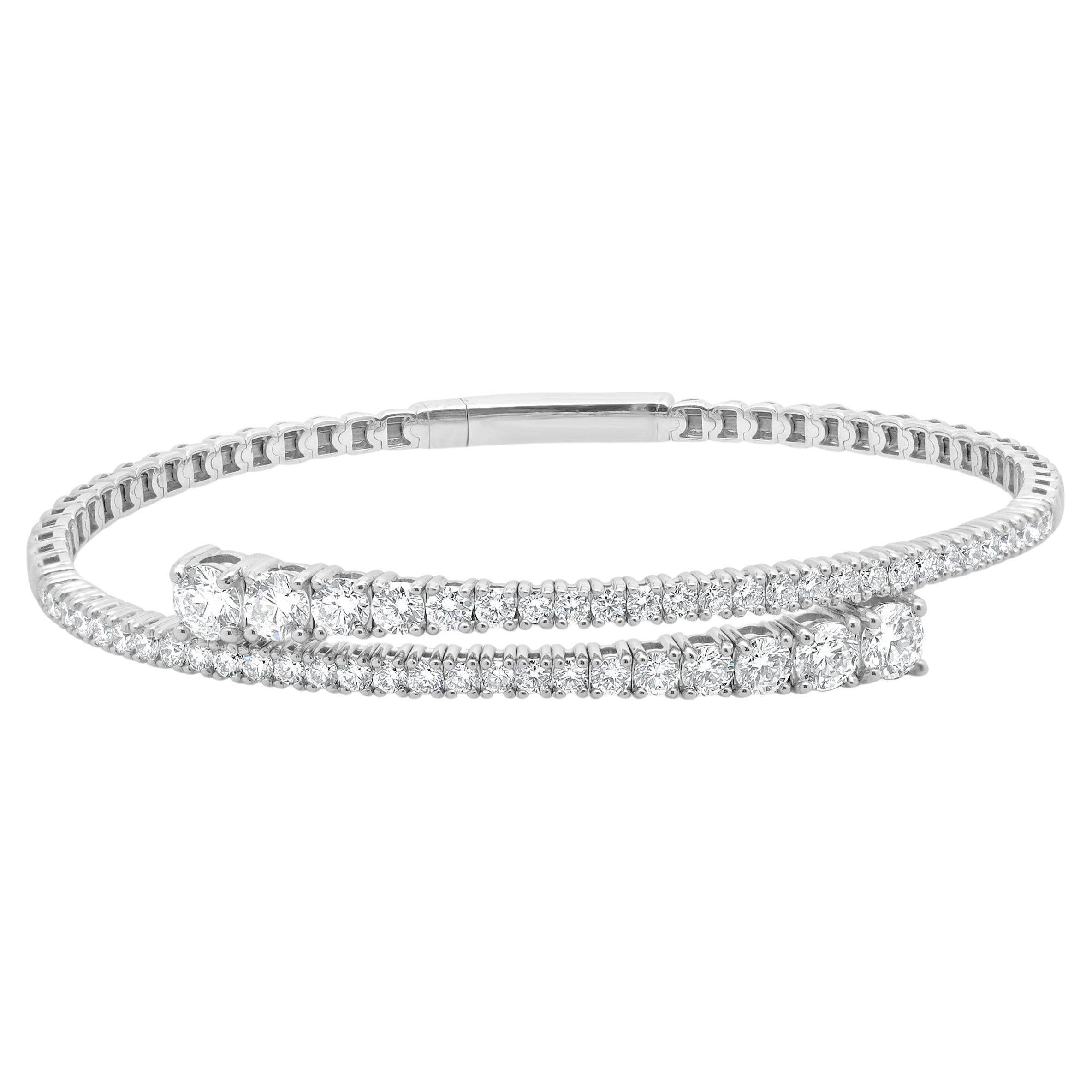 14 Karat White Gold Flexible Diamond Bypass Bangle Bracelet