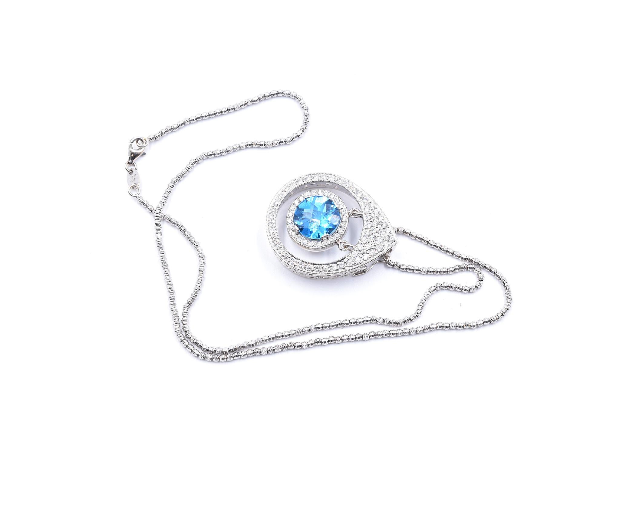 Round Cut 14 Karat White Gold Floating Blue Topaz and Diamond Necklace