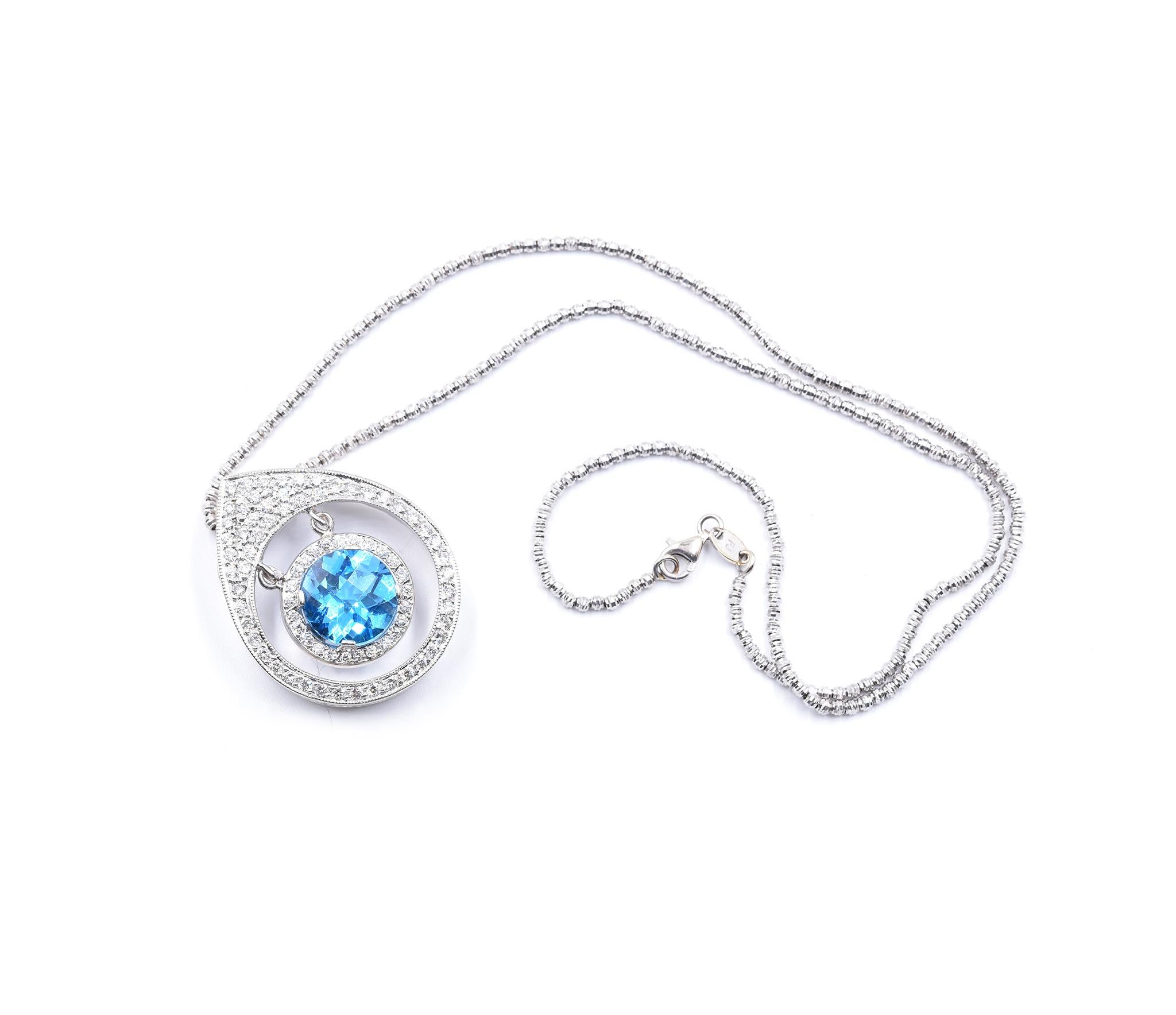 14 Karat White Gold Floating Blue Topaz and Diamond Necklace In Excellent Condition In Scottsdale, AZ