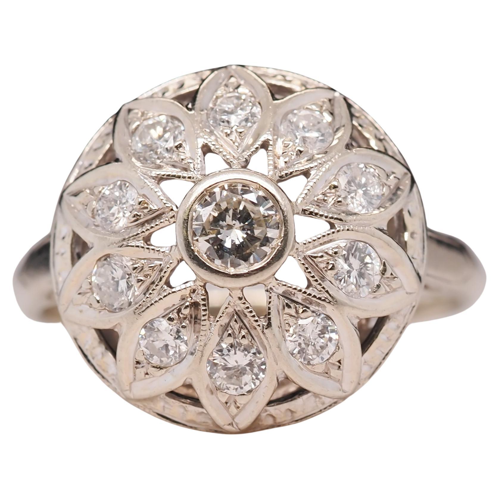 14 Karat White Gold Floral Diamond Ring For Sale