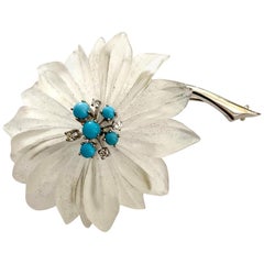 14 Karat White Gold Flower Brooch, Rock Christal, Diamond, Turkois Vienna, 1960