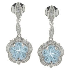 14 Karat White Gold Flower Cut Blue Topaz and Diamond Drop Earrings