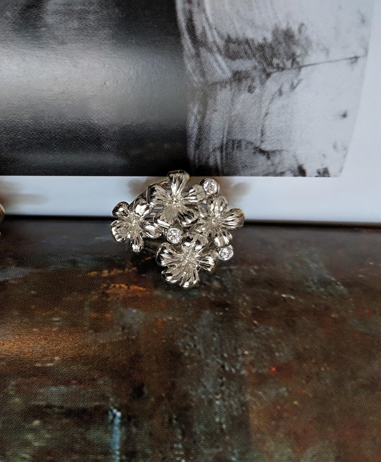 Round Cut 14 Karat White Gold Flowers Clip-On Earrings by The Artist with Diamonds