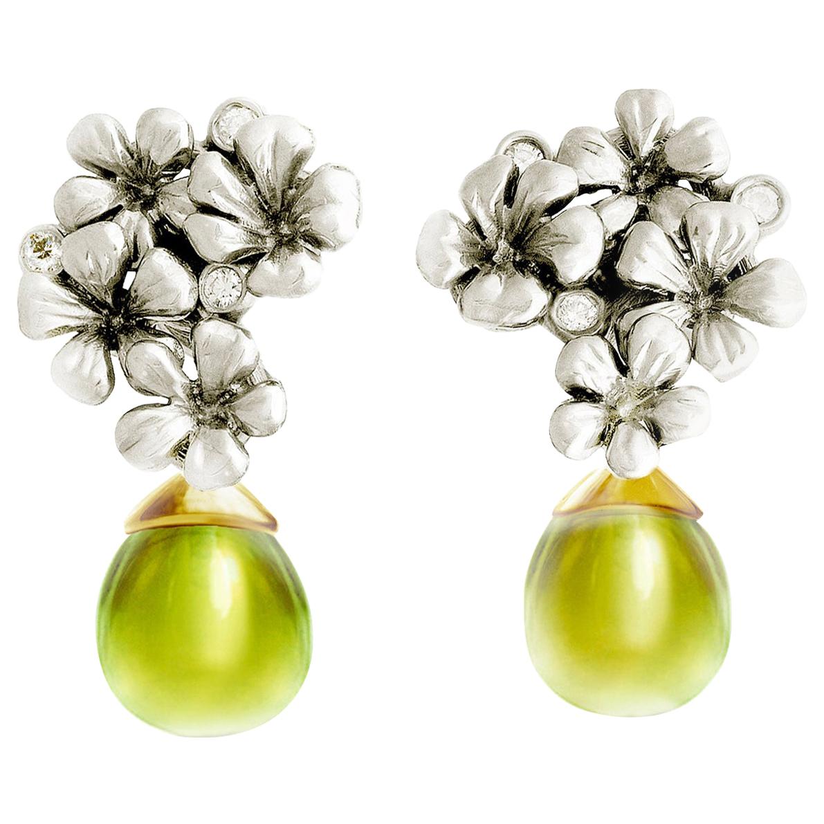 14 Karat White Gold Flowers Clip-On Earrings by The Artist with Diamonds