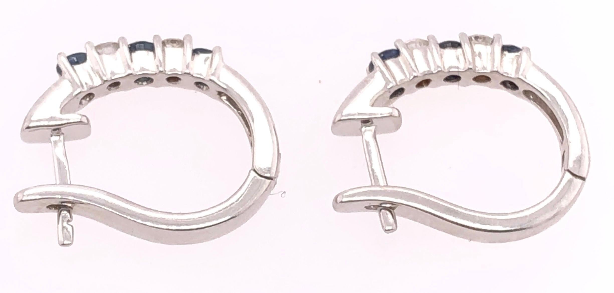Women's or Men's 14 Karat White Gold Free Style Sapphire and Diamond Hoop Earrings For Sale