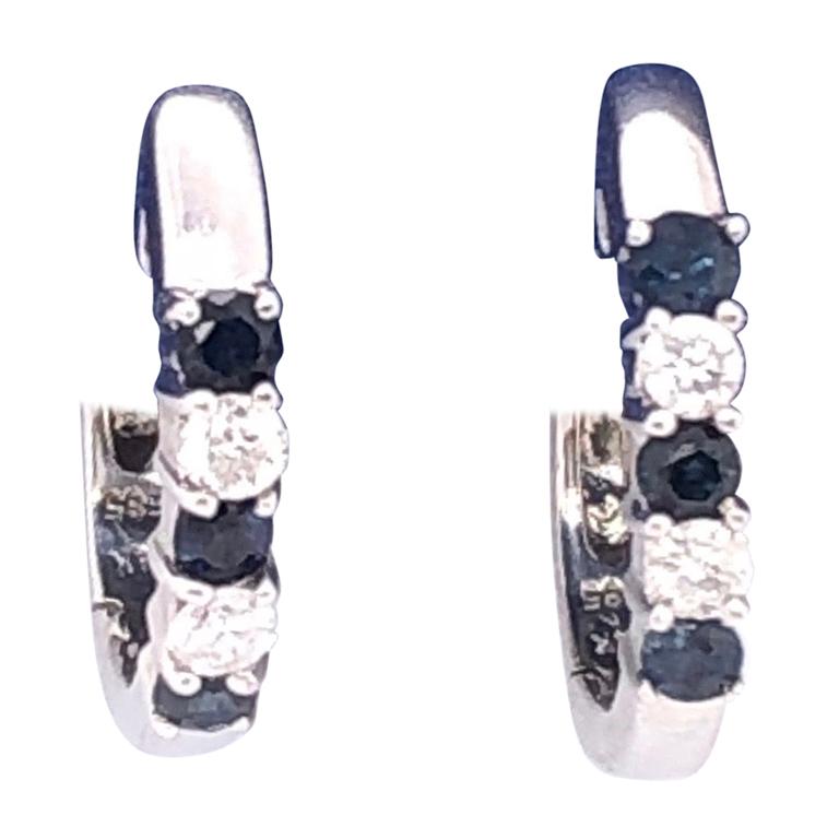 14 Karat White Gold Free Style Sapphire and Diamond Hoop Earrings For Sale