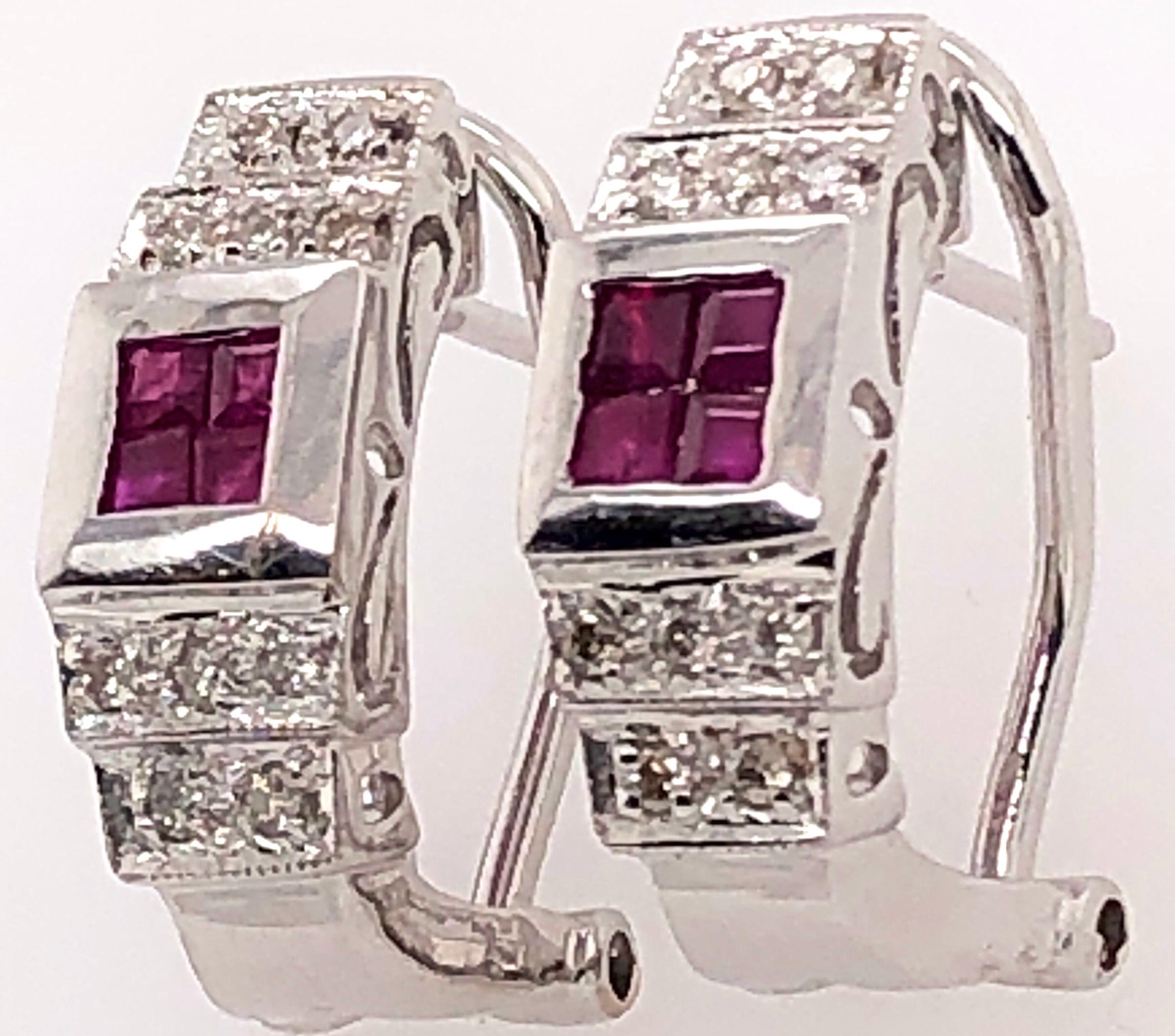 Modern 14 Karat White Gold French Back Half Hoop Ruby and Diamond Earrings For Sale