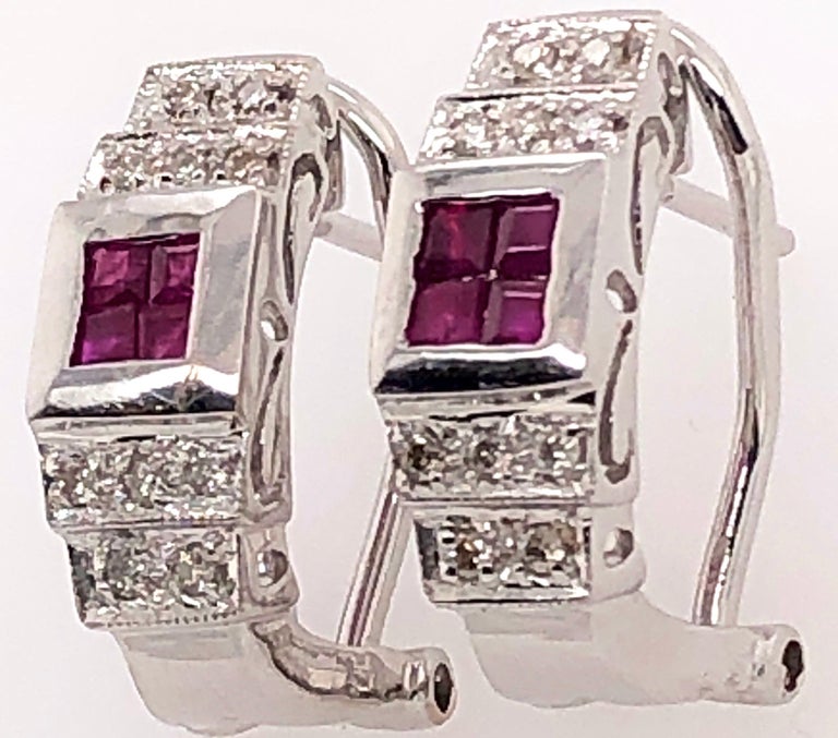 14 Karat White Gold French Back Half Hoop Ruby and Diamond Earrings For