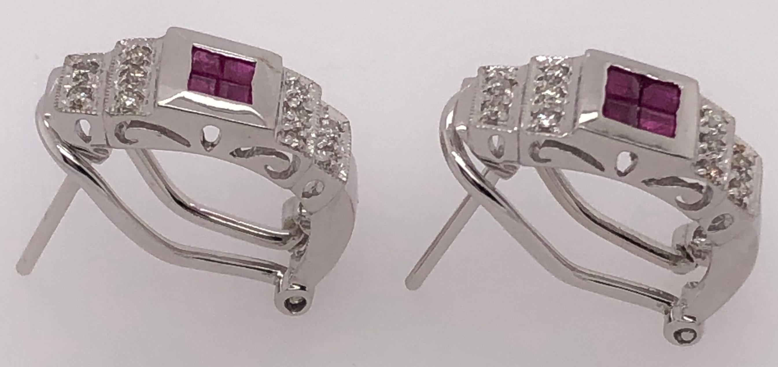 14 Karat White Gold French Back Half Hoop Ruby and Diamond Earrings For Sale 2