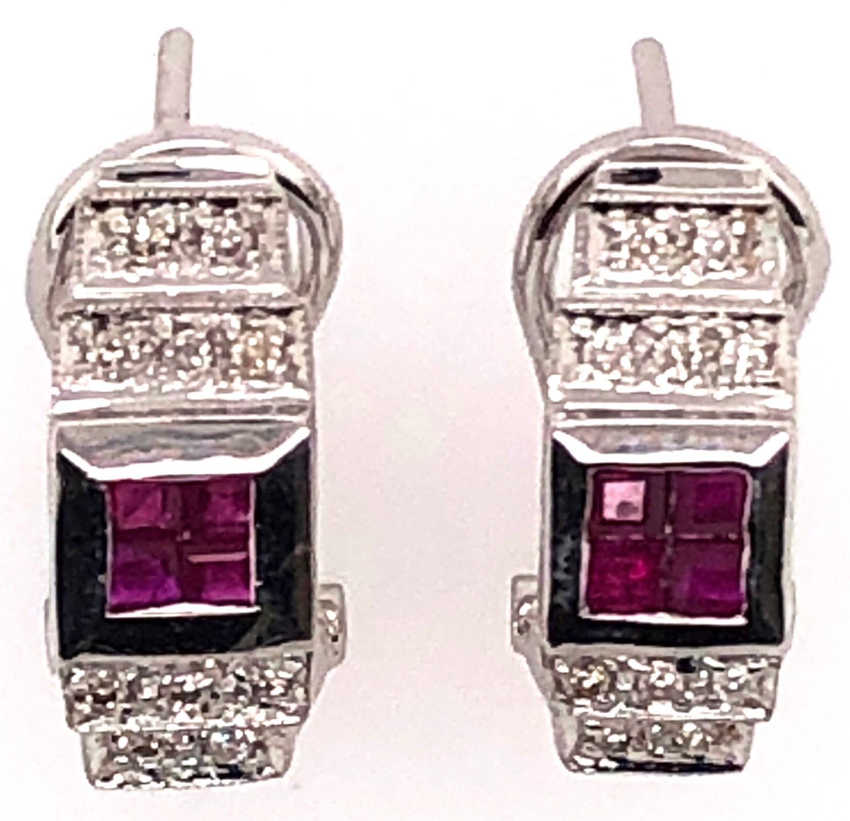 14 Karat White Gold French Back Half Hoop Ruby and Diamond Earrings For Sale 2