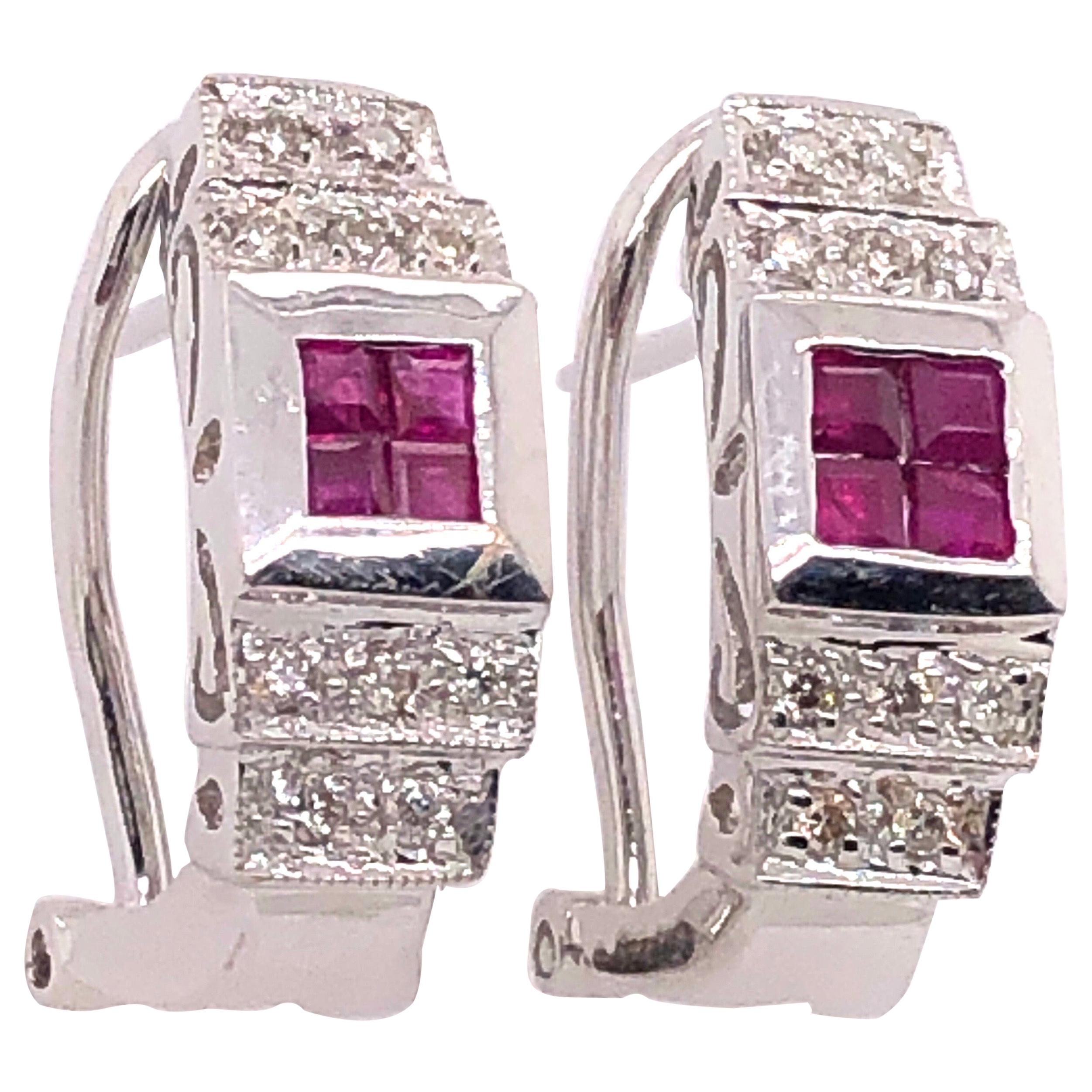 14 Karat White Gold French Back Half Hoop Ruby and Diamond Earrings For Sale