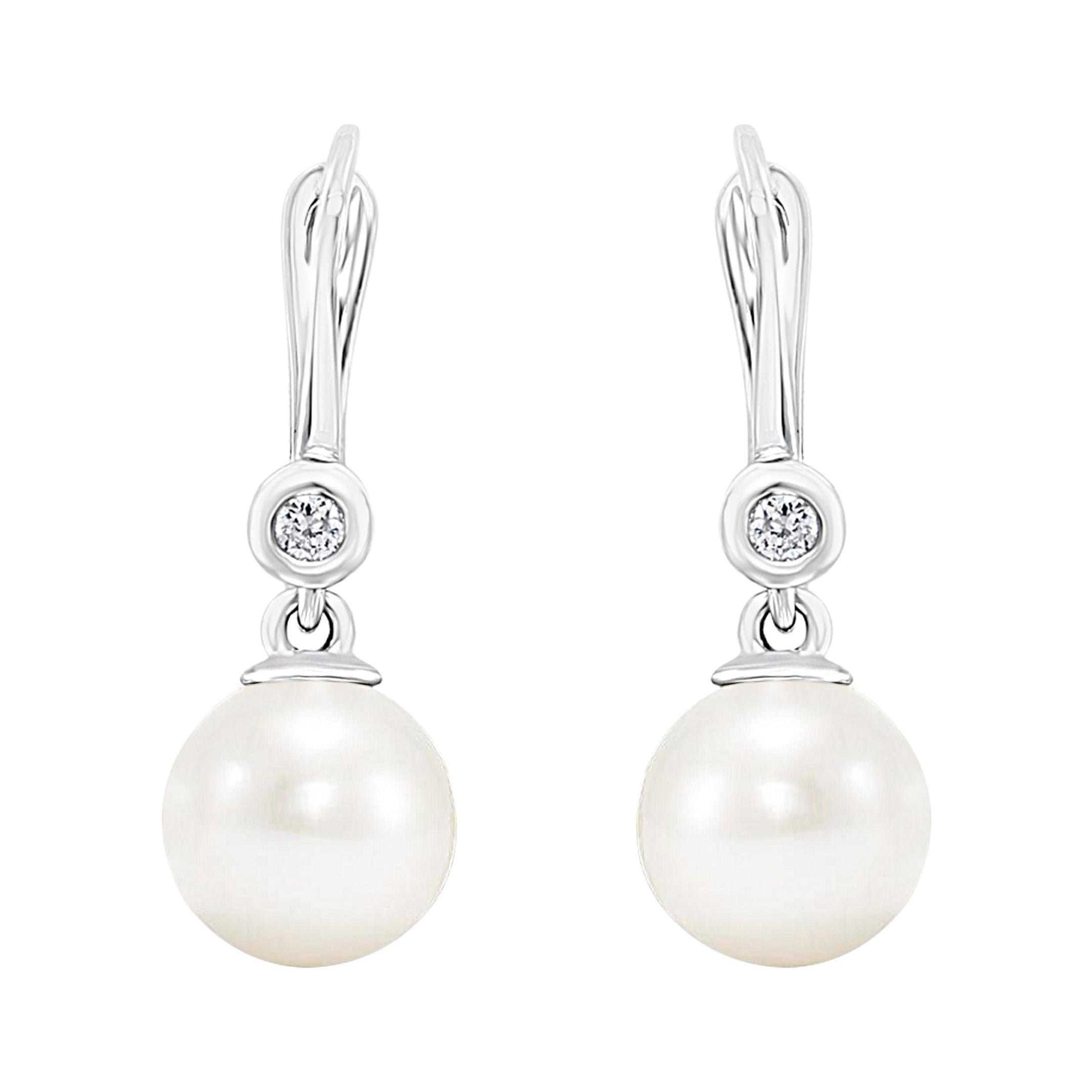 14K White Gold Diamond and Freshwater Cultured Pearl Lever-Back Earrings