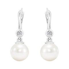 14K White Gold Diamond and Freshwater Cultured Pearl Lever-Back Earrings