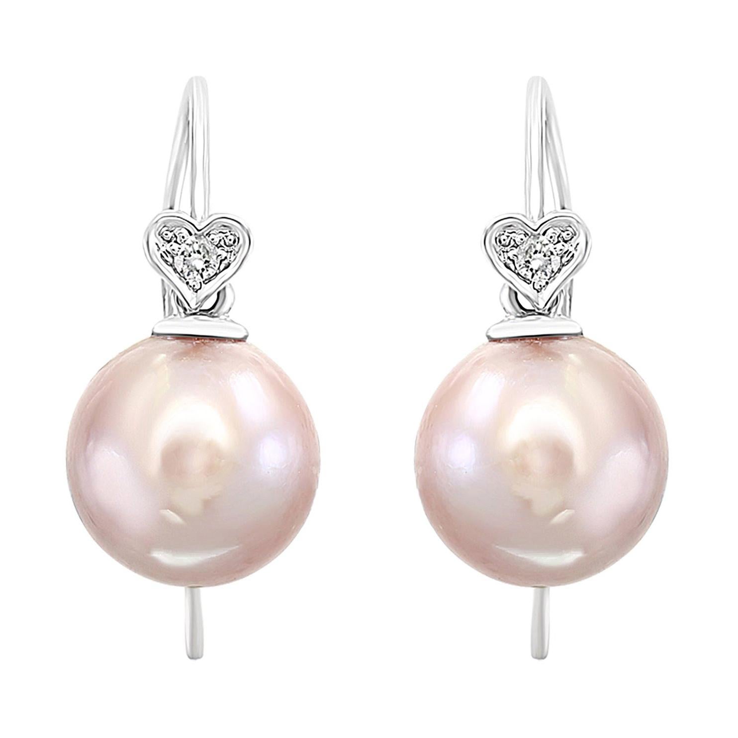14 Karat White Gold Freshwater Natural Color Pink Pearl and Diamond Earrings