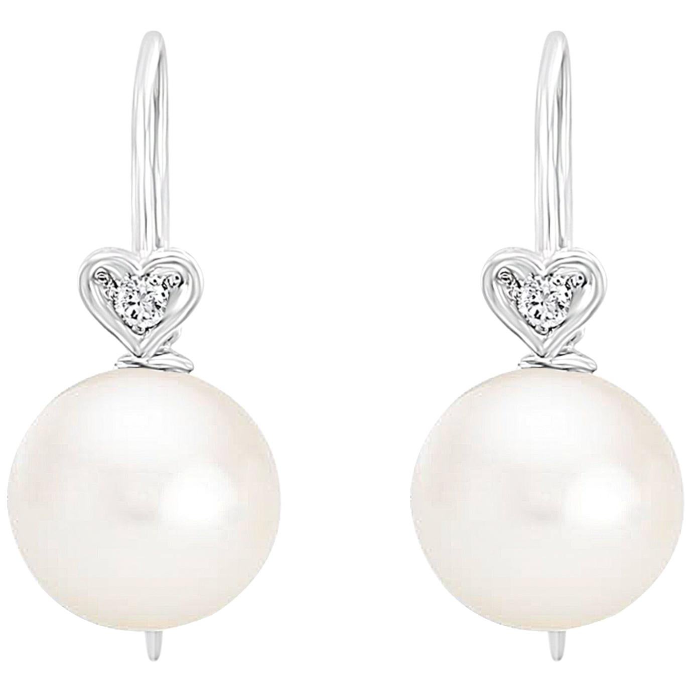 14 Karat White Gold Freshwater Cultured 9.5-10mm Pearl and Diamond Earrings For Sale