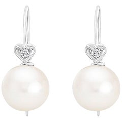 14 Karat White Gold Freshwater Cultured 9.5-10mm Pearl and Diamond Earrings