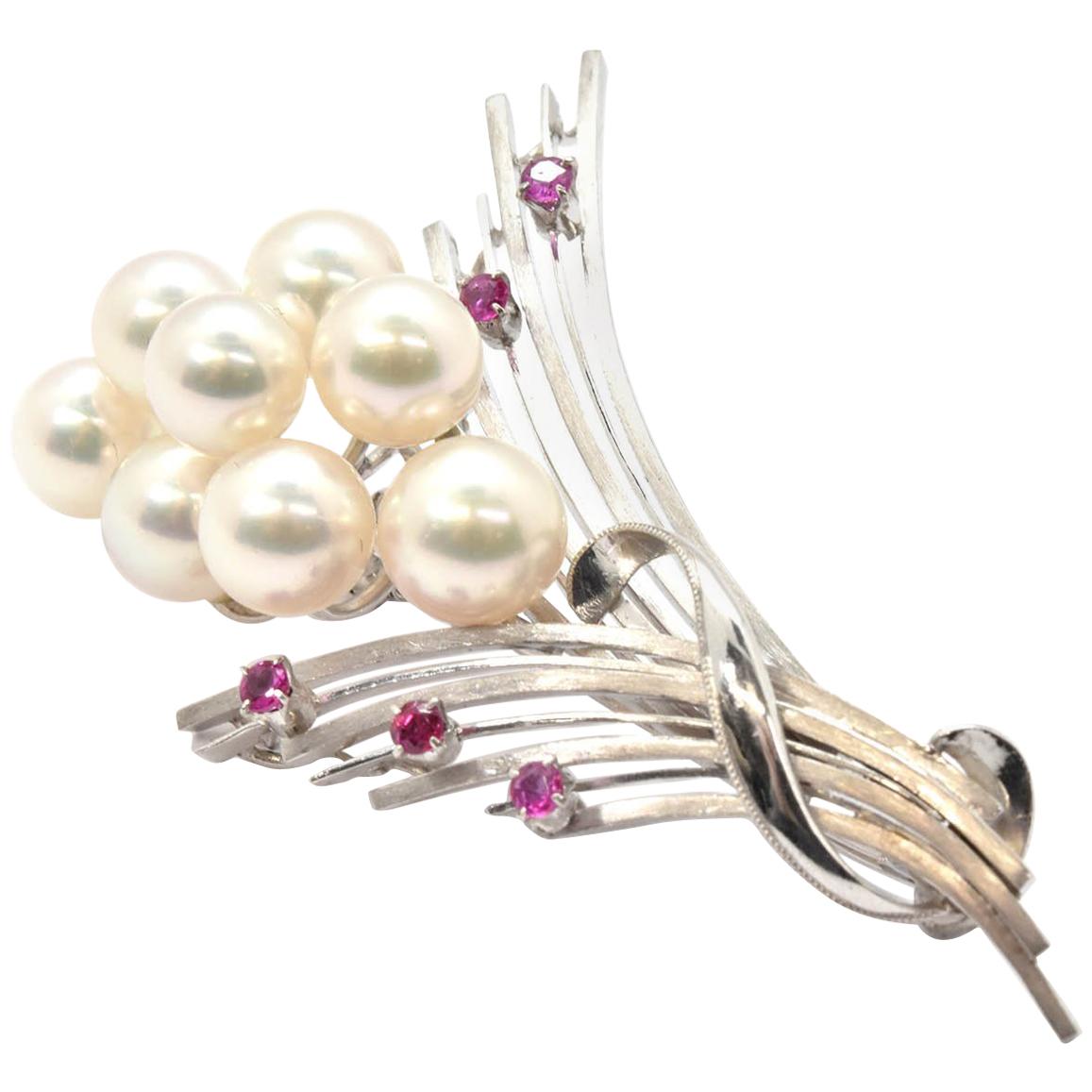 14 Karat White Gold Freshwater Pearl and Ruby Stylized Flower Pin