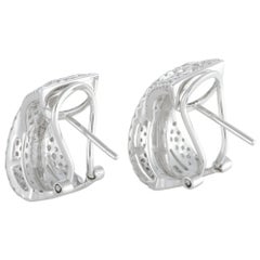 14 Karat White Gold Full Diamond Crisscross Huggie Omega Earrings