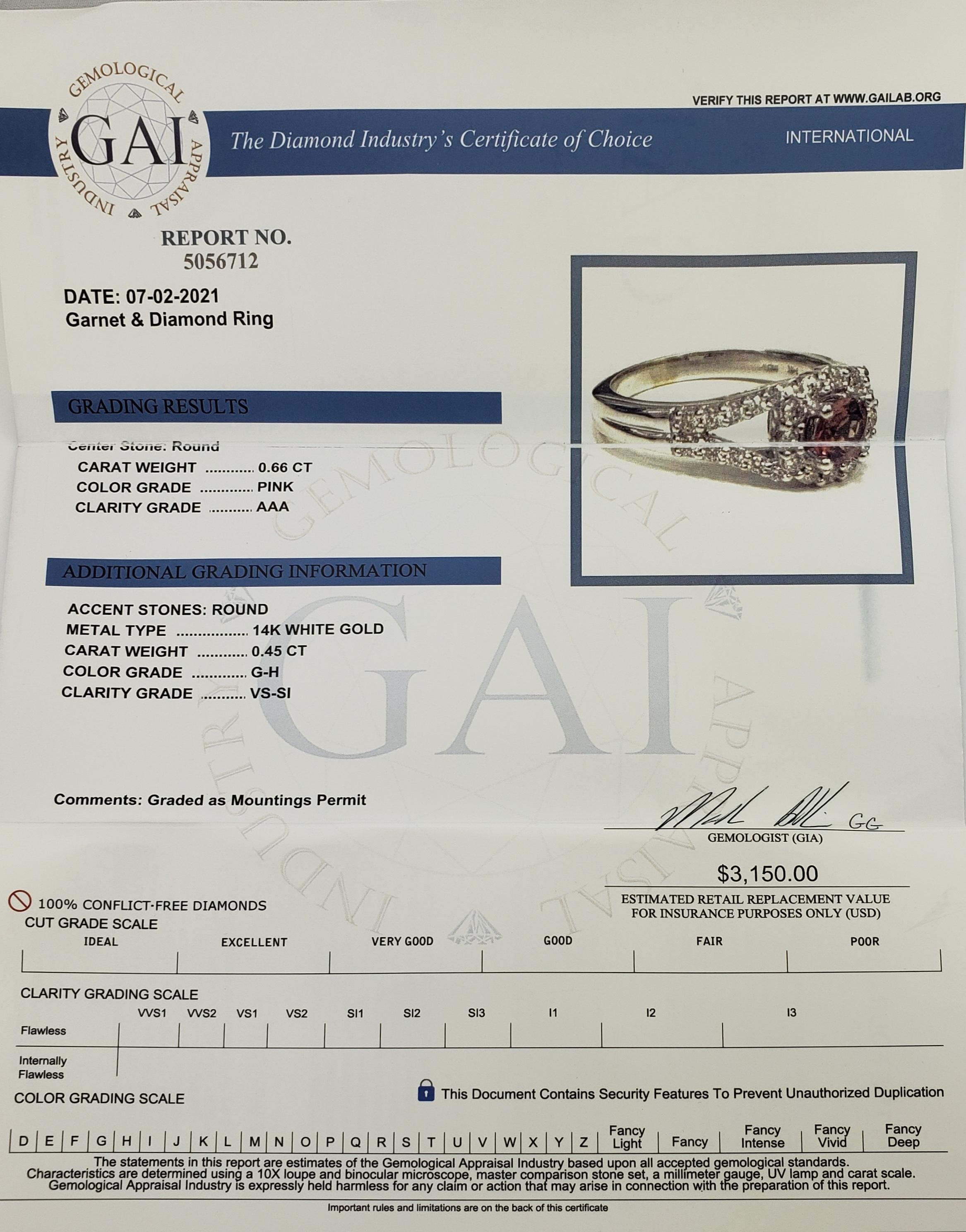14 Karat White Gold Garnet and Diamond Ring  For Sale 4