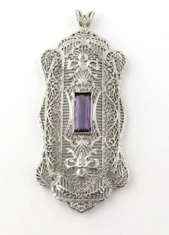 Pendentif filigrane en or blanc 14 carats avec améthyste véritable et diamants