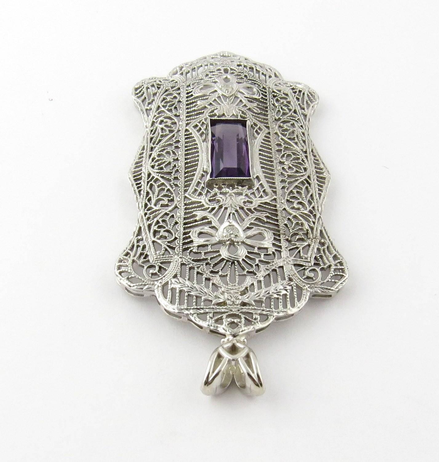 14 Karat White Gold Genuine Amethyst and Diamond Filigree Pendant In Excellent Condition For Sale In Washington Depot, CT