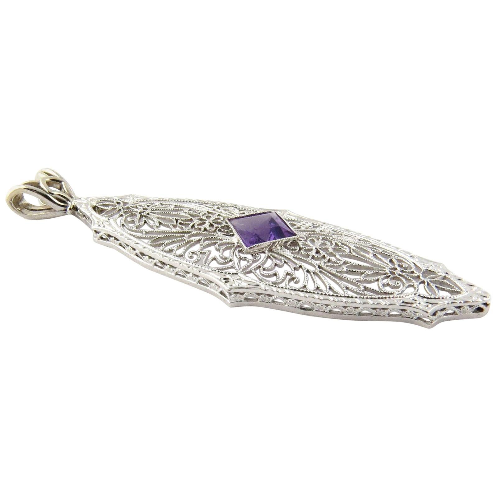 14 Karat White Gold Genuine Amethyst Filigree Pendant For Sale