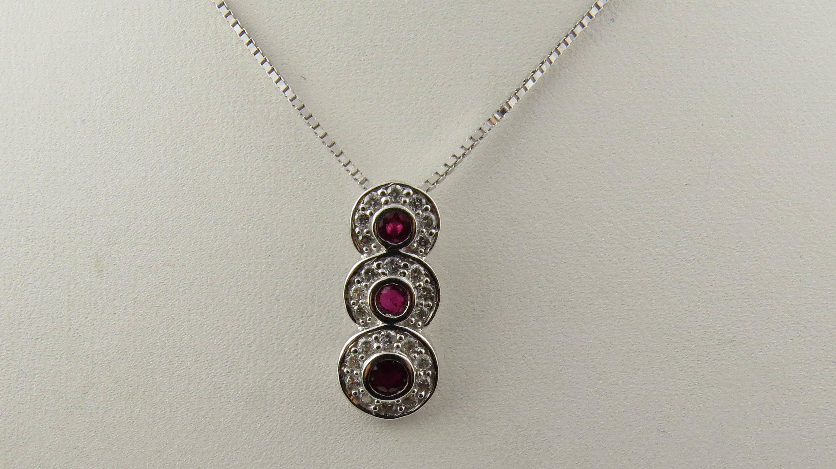 Women's 14 Karat White Gold Genuine Ruby and Diamond Pendant Necklace