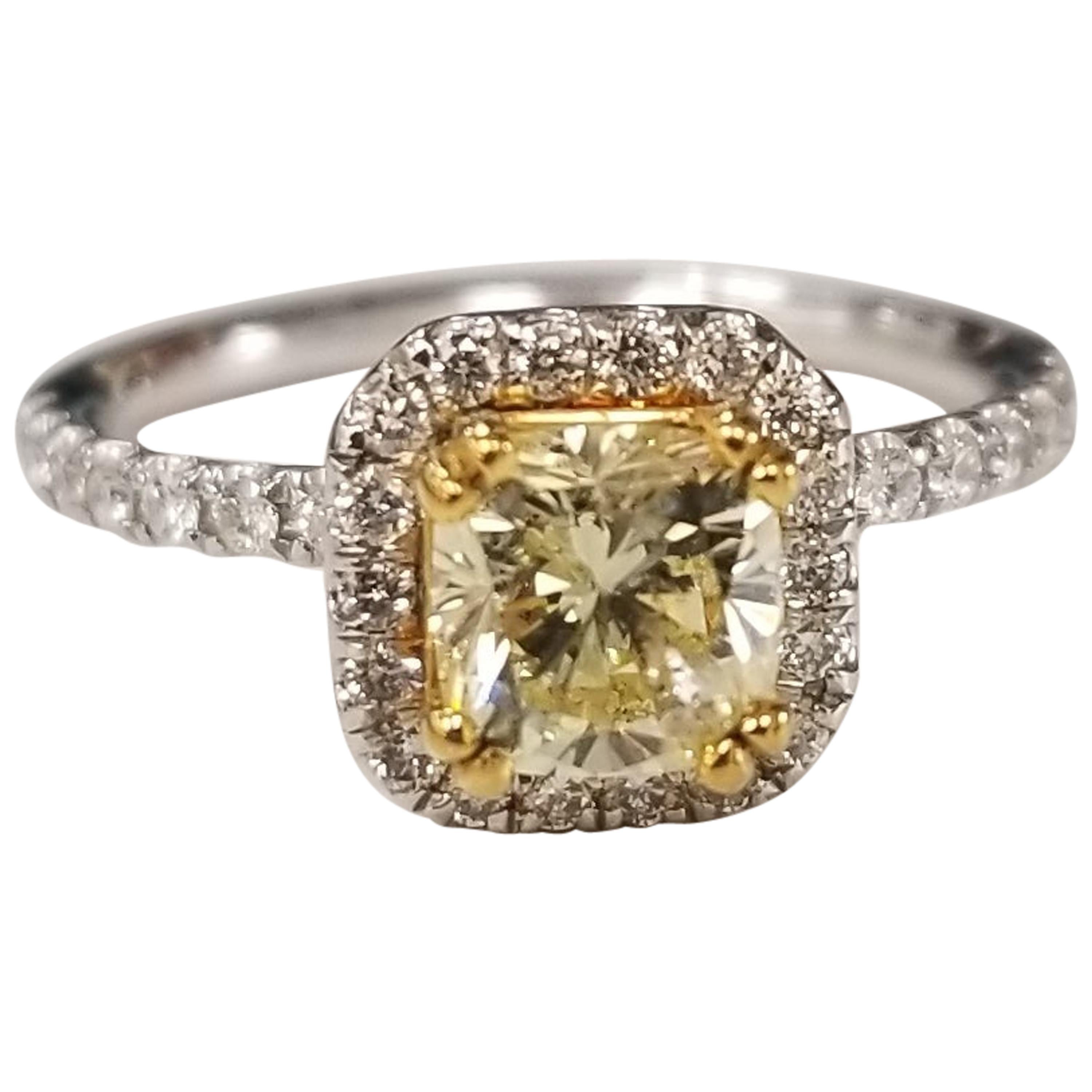 14 Karat White Gold GIA .90pts, Natural Fancy Yellow Diamond Halo Ring For Sale