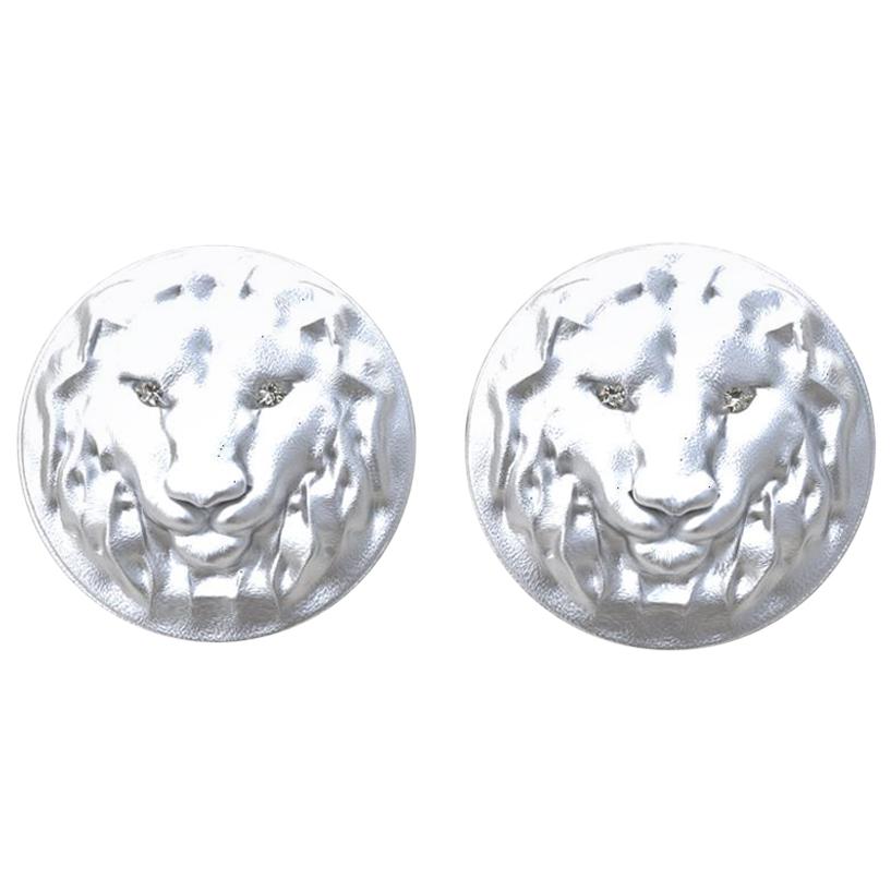 14 Karat White Gold GIA Diamond Lion Cufflinks