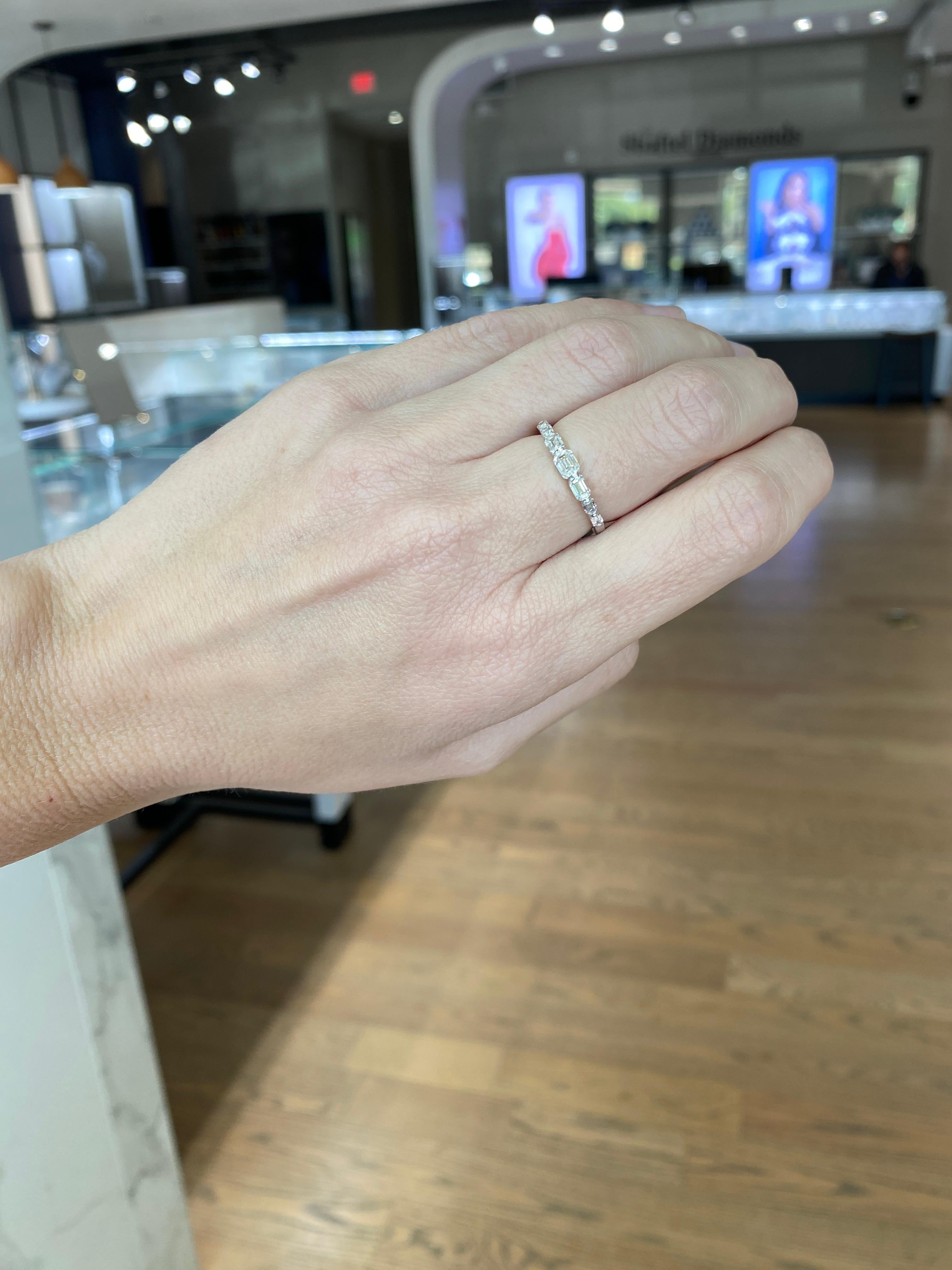 14 Karat White Gold Graduated Emerald Cut Diamond Band For Sale 12