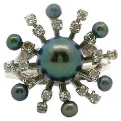 14 Karat White Gold Gray Pearl and Diamond Fancy Ring